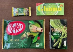 Assorted matcha-flavored sweets available at Japanese supermarkets.