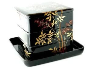Traditional Japanese urushi lacquerware with gold decoration