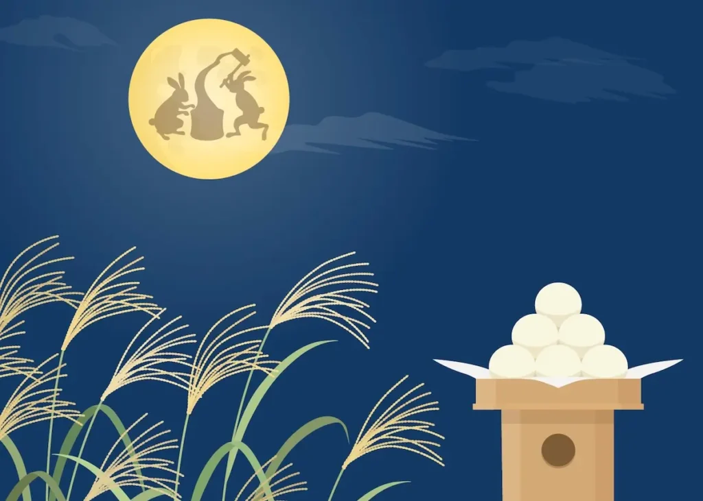 A rabbit is pounding mochi on the moon, with dango in the foreground, celebrating Tsukimi: Japanese Moon Viewing, a traditional Japanese autumn festival.