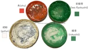Feature image: Palette of four pigments—Shu, Ganryokushou, Ryokushou, Gofun