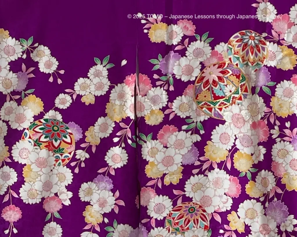 Purple kimono with cherry blossoms and temari patterns for Shichi-Go-San.