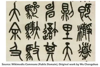 Stone Drum Script rubbing studied by Wu Changshuo, highlighting strong, distinctive strokes.