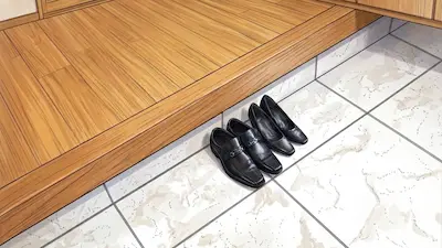 Shoes neatly lined up at a Japanese home entrance, showing shoe etiquette.