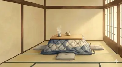 Cozy kotatsu with tea on tatami.