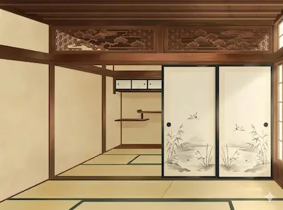 Carved ranma transom and fusama doors.