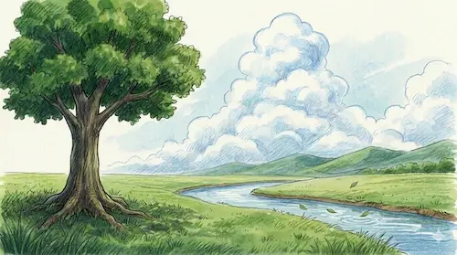 A clear river and lush green trees.