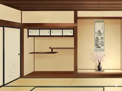 Hanging scroll and cherry blossoms in a tokonoma.