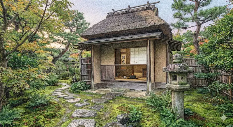 Japanese tea room and moss garden showing Wabi-Sabi.