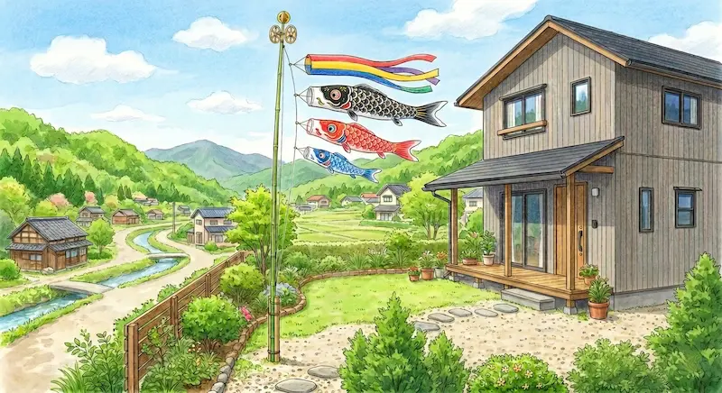 Koinobori in the garden of a rural Japanese house on Children’s Day