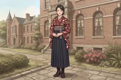 A Meiji-era female student wearing hakama and boots, showing Wayō Setchū fashion
