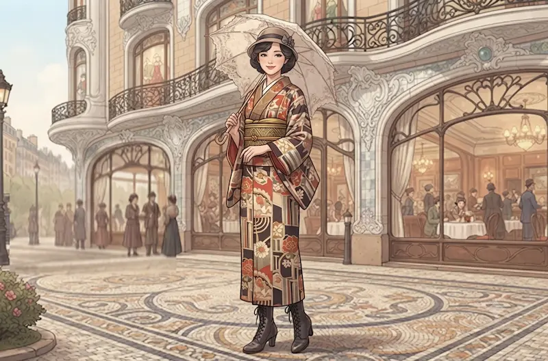 Illustration of a woman in a kimono and a Western-style building representing Taisho Roman Japan