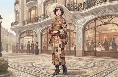 Taisho Roman Japan with a kimono-clad woman and a retro Western-style building